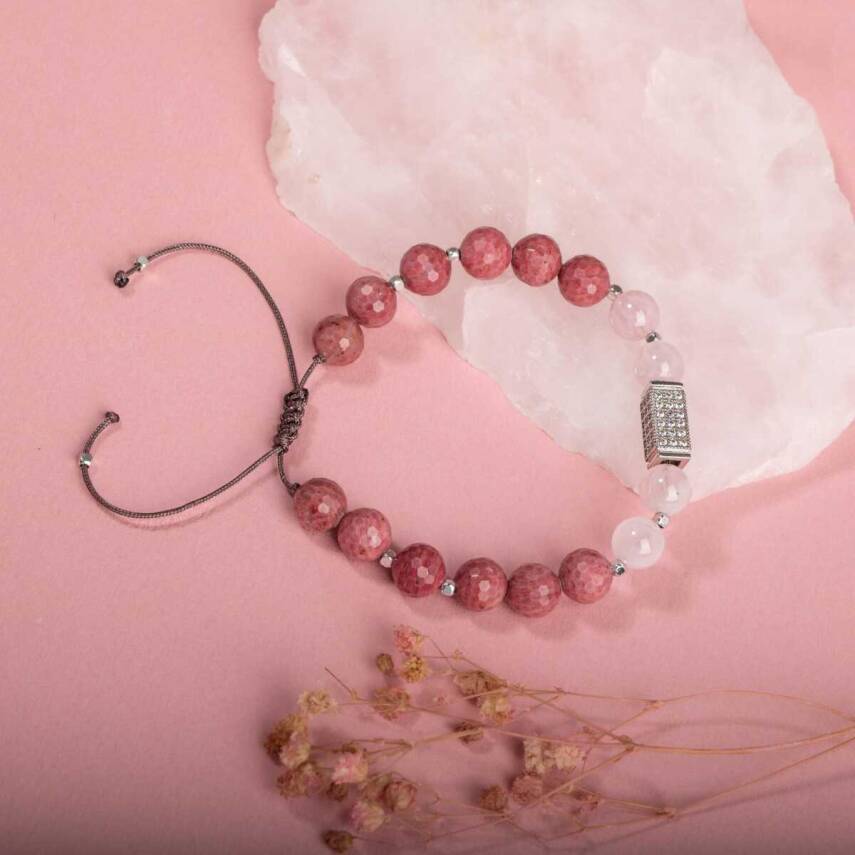 Rodonit-Pembe Kuvars Doğal Taş Zirkon Bileklik - 5