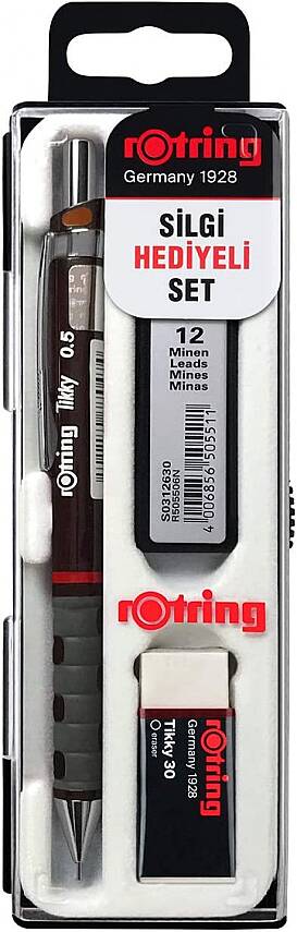 Rotring Tikky Bordo Okul Seti Uçlu Kalem + Uç + Silgi 0.7 mm 3 Lü Set - 2