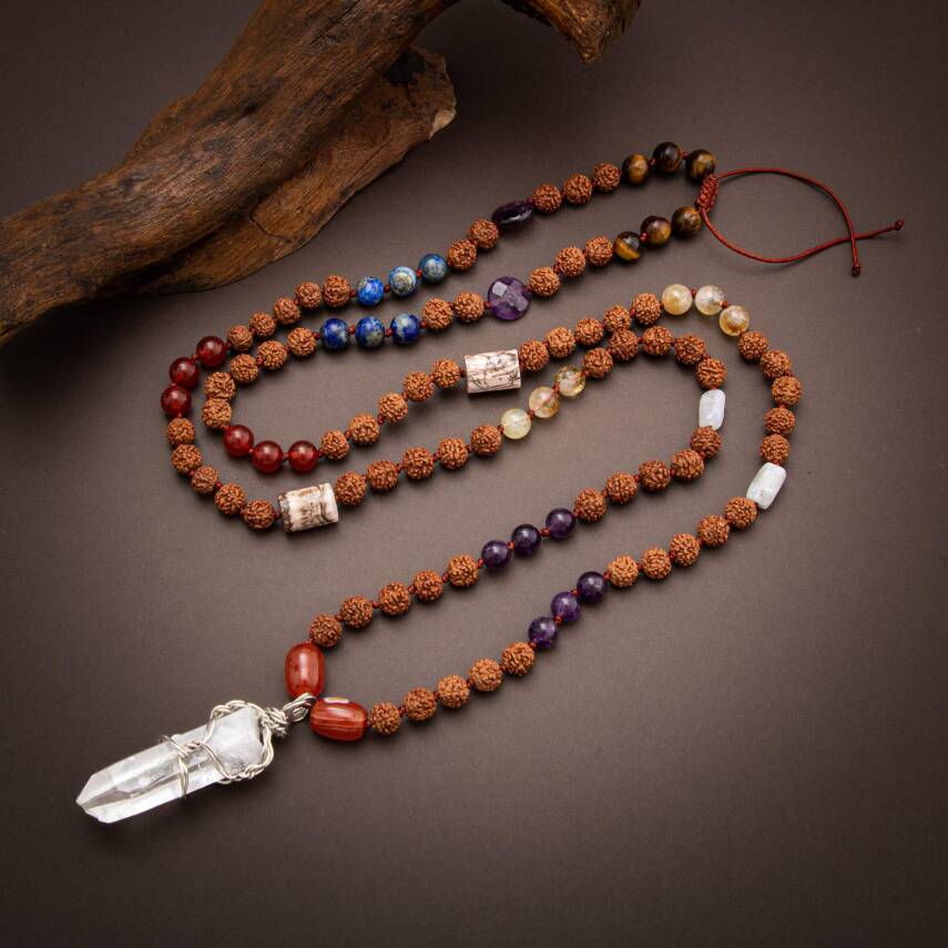 Rudrashka 108 Niyet Taşı Mala Kolyesi - Ametist-Akik-Sitrin-Kaplan Gözü-Lapis-Kuvars-Ay Taşı - 2