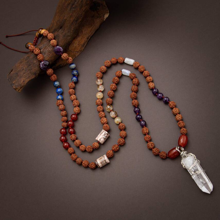 Rudrashka 108 Niyet Taşı Mala Kolyesi - Ametist-Akik-Sitrin-Kaplan Gözü-Lapis-Kuvars-Ay Taşı - 3