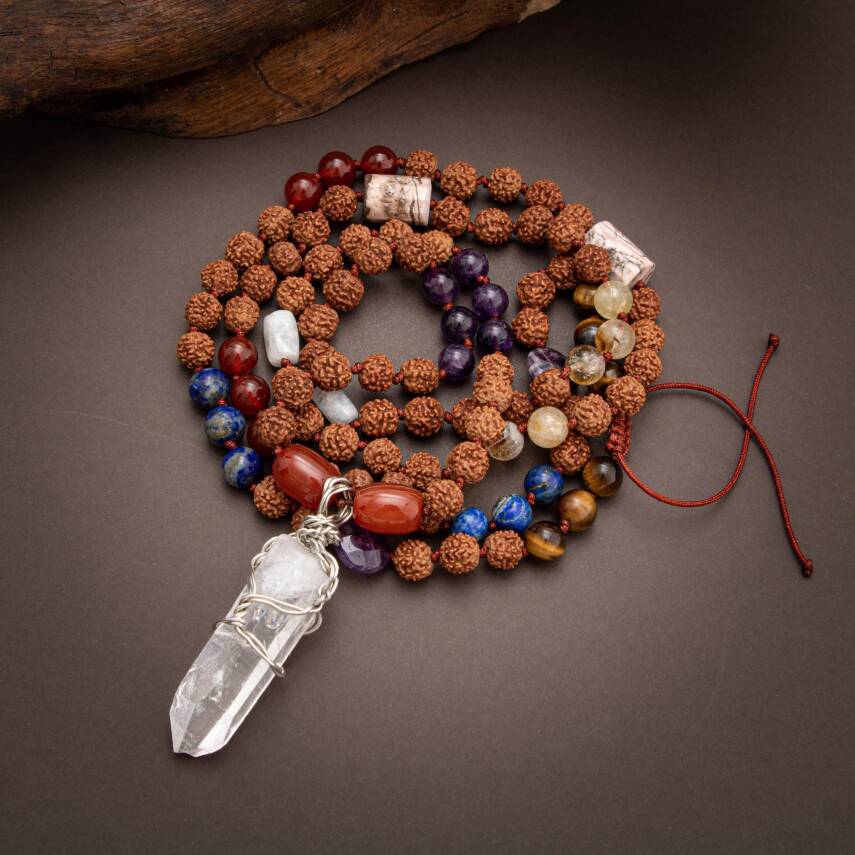 Rudrashka 108 Niyet Taşı Mala Kolyesi - Ametist-Akik-Sitrin-Kaplan Gözü-Lapis-Kuvars-Ay Taşı - 4