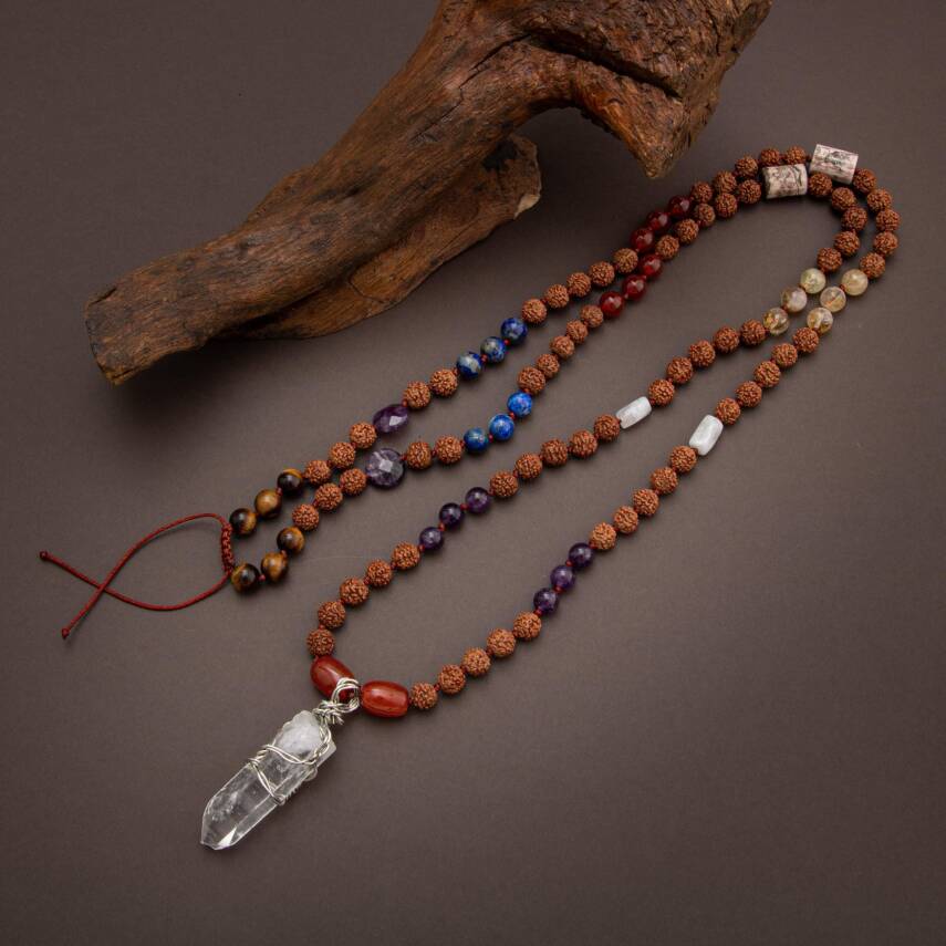 Rudrashka 108 Niyet Taşı Mala Kolyesi - Ametist-Akik-Sitrin-Kaplan Gözü-Lapis-Kuvars-Ay Taşı - 5