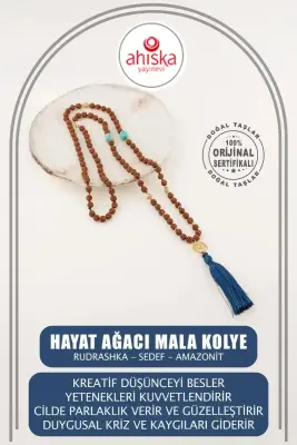 Rudrashka-Sedef-Amazonit Hayat Ağacı Mala Kolye - 1