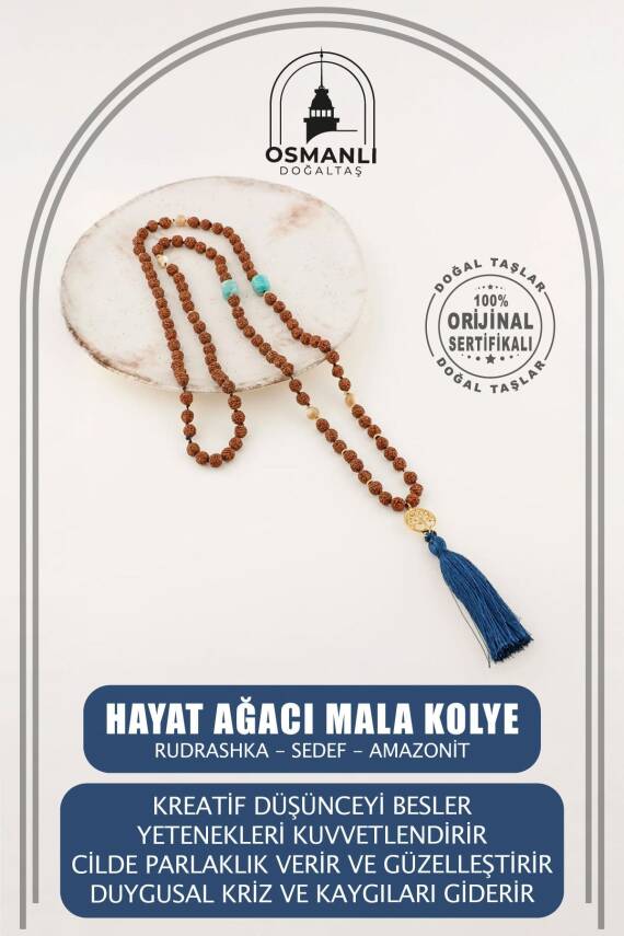 Rudrashka-Sedef-Amazonit Hayat Ağacı Mala Kolye - 1