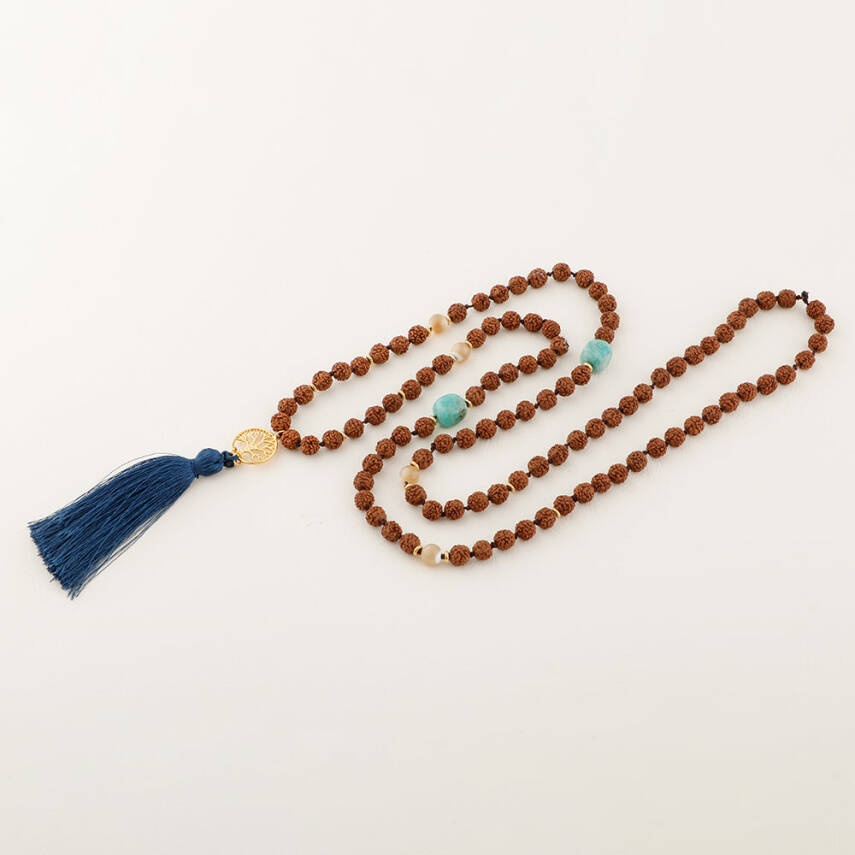 Rudrashka-Sedef-Amazonit Hayat Ağacı Mala Kolye - 2