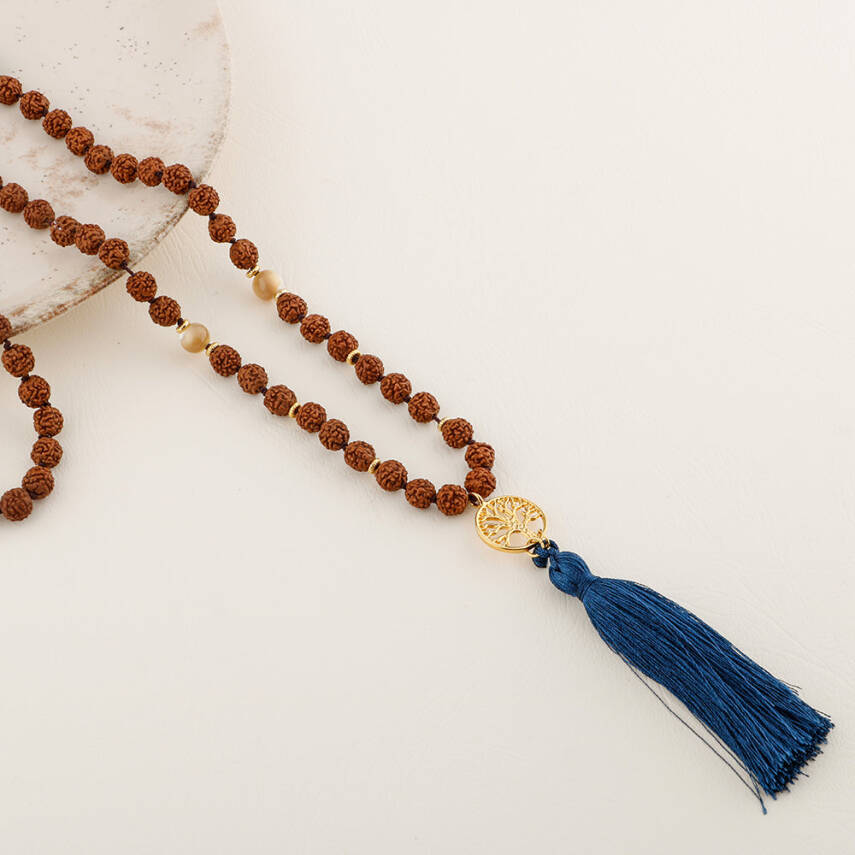 Rudrashka-Sedef-Amazonit Hayat Ağacı Mala Kolye - 3