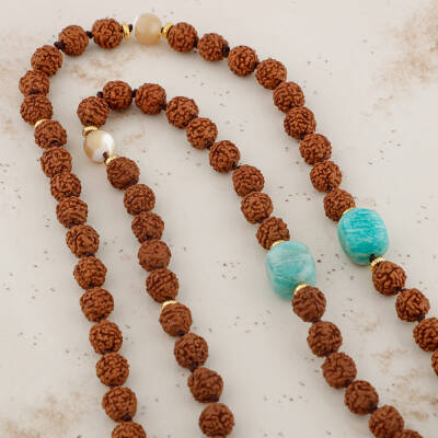 Rudrashka-Sedef-Amazonit Hayat Ağacı Mala Kolye - 5