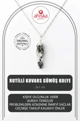 Rutilli Kuvars Doğal Taş Kolye Ucu 3x1 cm, Gümüş Zincir - Doğal Taş (1)