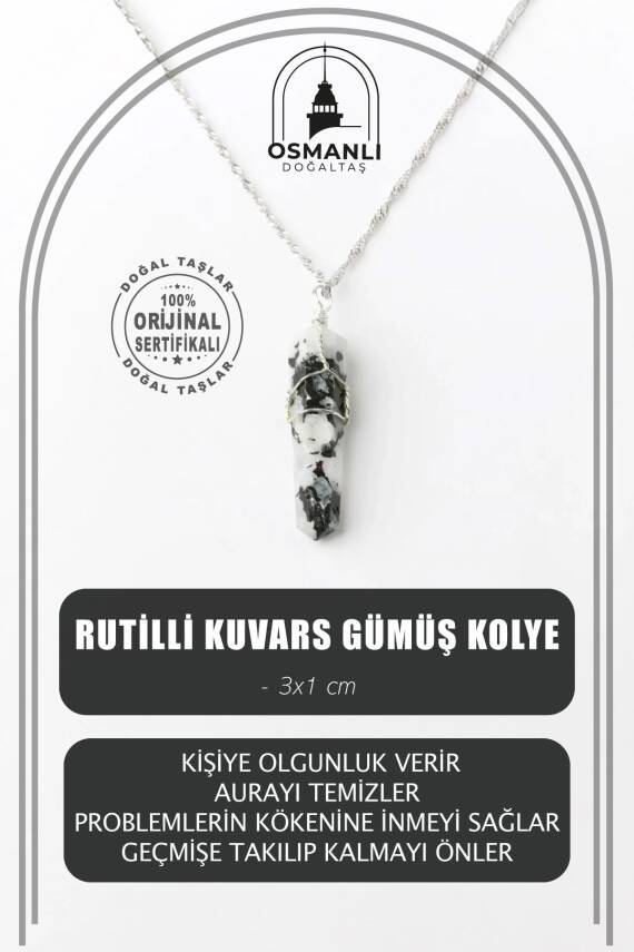 Rutilli Kuvars Doğal Taş Kolye Ucu 3x1 cm, Gümüş Zincir - 1