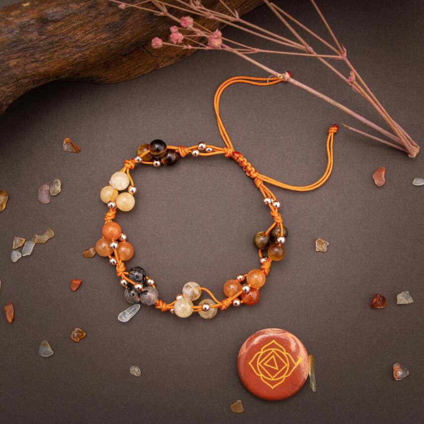 Sakral Çakra Doğal Taş Bileklik - Kaplan Gözü-Rutilli Kuvars-Sitrin-Akik-Kalsit-Aventurin - 1