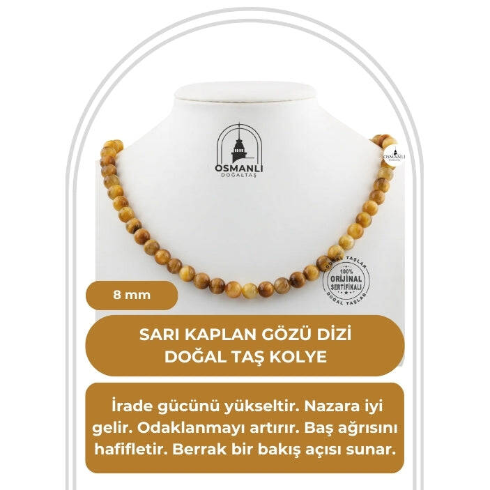 Sarı Kaplan Gözü 8 mm Dizi Doğal Taş Kolye - 1