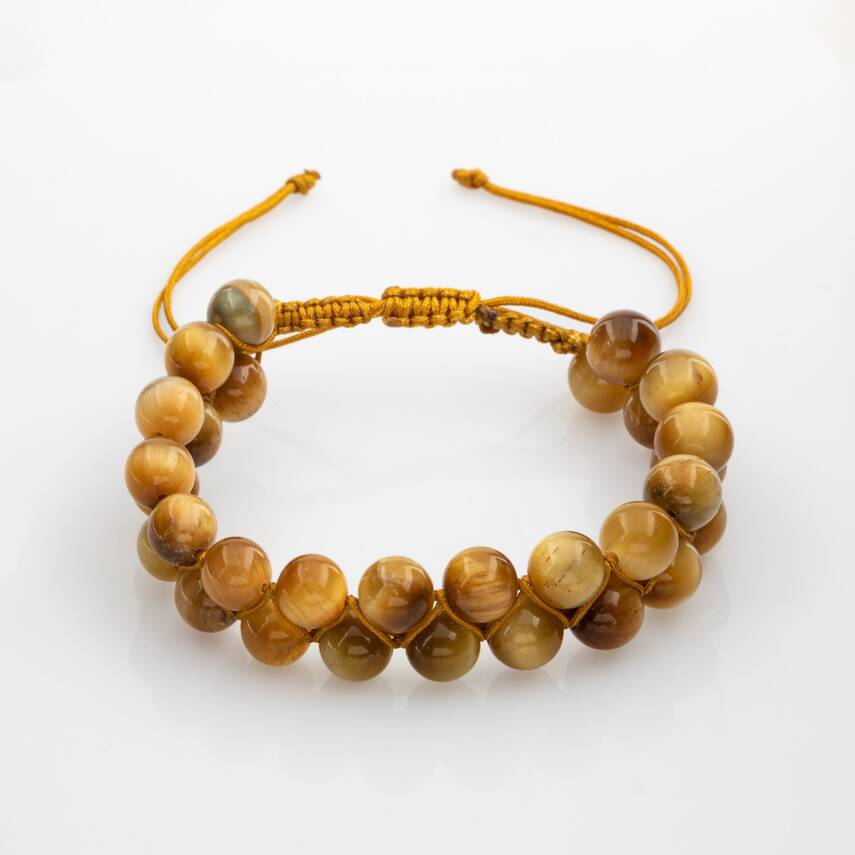 Sarı Kaplan Gözü 8mm Çift Sıra Makrome Doğal Taş Bileklik - 3