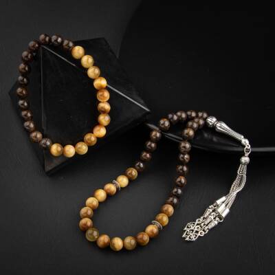 Sarı Kaplan Gözü-Bronzit Doğal Taş Tesbih Bileklik Seti - 2