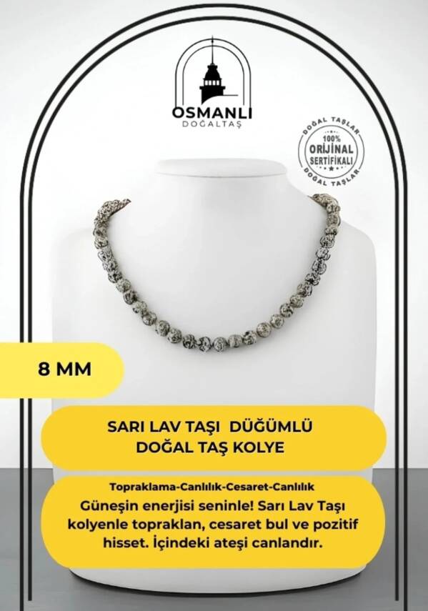 Sarı Lav Taşı 8 mm Düğümlü Doğal Taş Kolye - 2