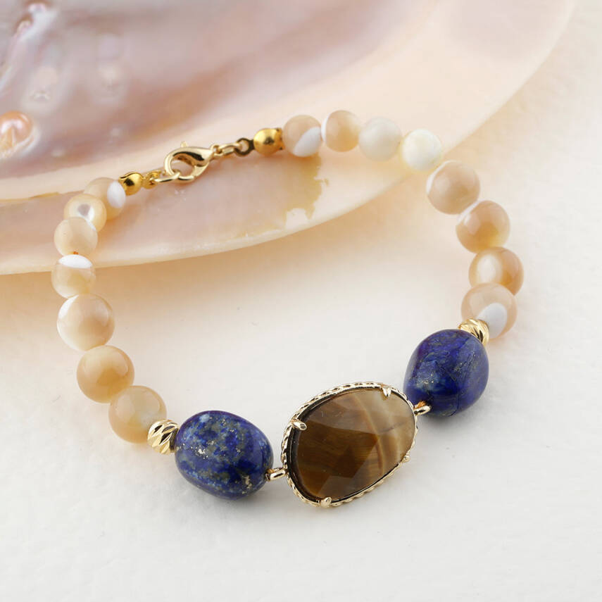 Sedef-Lapis Lazuli-Kaplan Gözü Doğal Taş Bileklik - 2