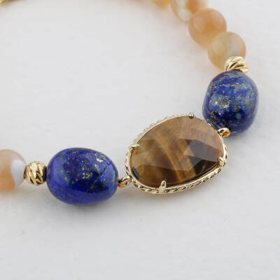 Sedef-Lapis Lazuli-Kaplan Gözü Doğal Taş Bileklik - 3