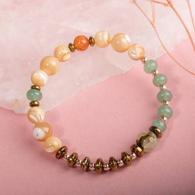 Sedef-Yeşil Aventurin-Karnelyan Akik-Yeşil Aventurin-Prehnit Doğal Taş Bileklik - 4