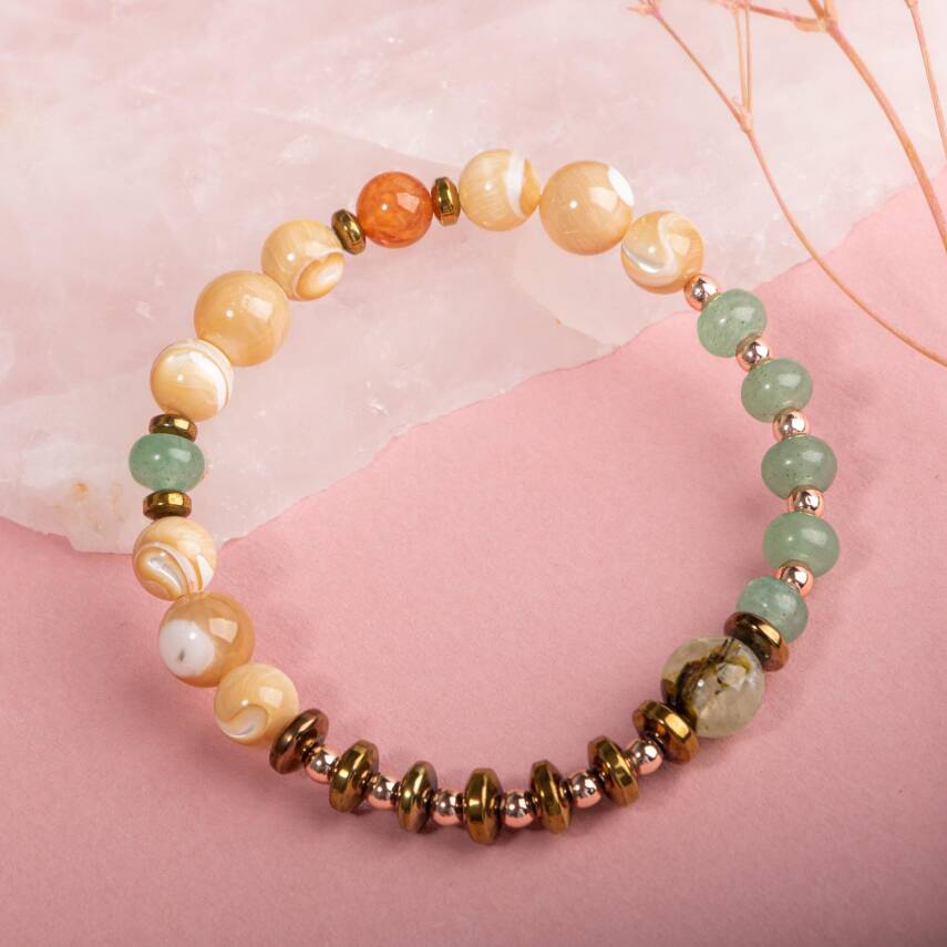 Sedef-Yeşil Aventurin-Karnelyan Akik-Yeşil Aventurin-Prehnit Doğal Taş Bileklik - 4