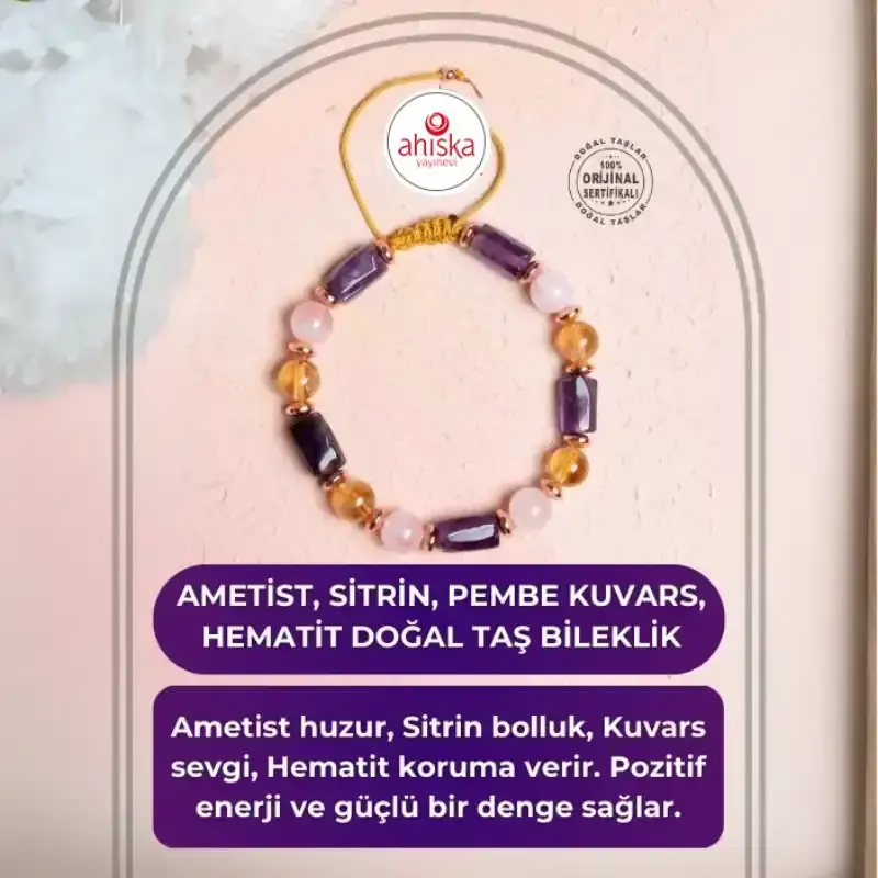 Sertfikalı Ametist, Sitrin, Pembe Kuvars, Hematit Doğal Taş Bileklik - 2