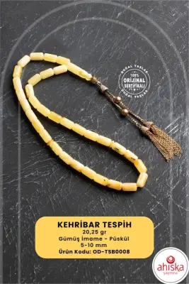 Sertifikalı 5-10 mm Silindir Kesim 20,25 gr Gold Eskitme Kaplamalı Gümüş İmame ve Püsküllü Kehribar Tesbih - 1