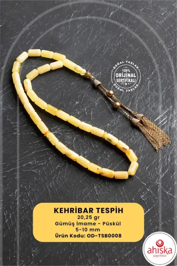 Sertifikalı 5-10 mm Silindir Kesim 20,25 gr Gold Eskitme Kaplamalı Gümüş İmame ve Püsküllü Kehribar Tesbih - 1
