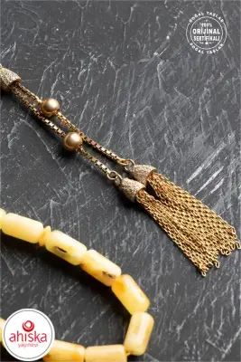 Sertifikalı 5-10 mm Silindir Kesim 20,25 gr Gold Eskitme Kaplamalı Gümüş İmame ve Püsküllü Kehribar Tesbih - 3