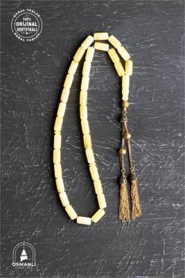 Sertifikalı 5-10 mm Silindir Kesim Gold Eskitme Kaplamalı Gümüş İmame ve Püsküllü Kehribar Tesbih - 18,47 gr - Osmanlı Doğaltaş
