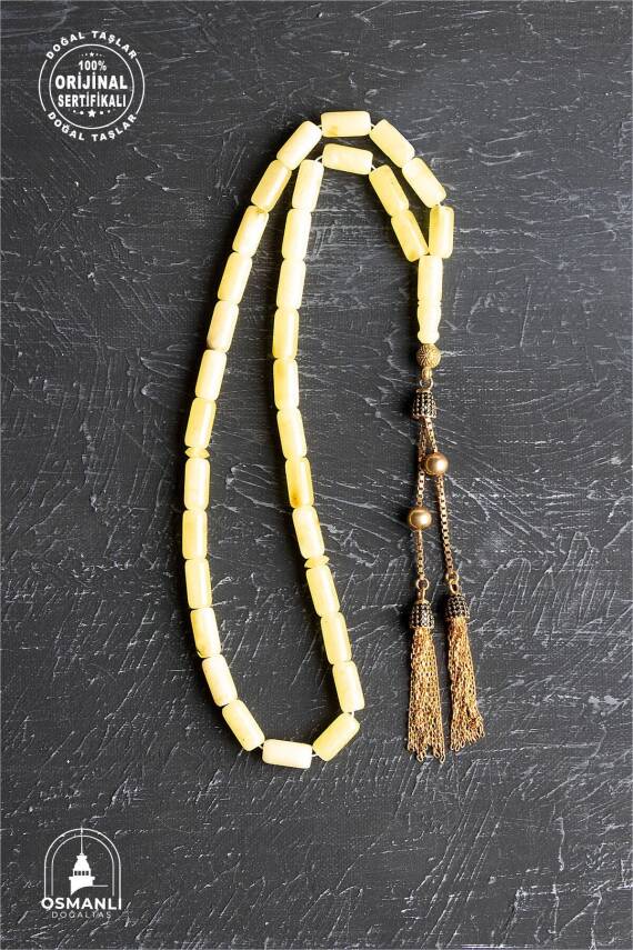 Sertifikalı 5-10 mm Silindir Kesim Gold Eskitme Kaplamalı Gümüş İmame ve Püsküllü Kehribar Tesbih - 18,47 gr - 1