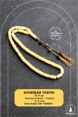 Sertifikalı 5-10 mm Silindir Kesim Gold Eskitme Kaplamalı Gümüş İmame ve Püsküllü Kehribar Tesbih - 18,47 gr - 2