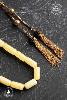 Sertifikalı 5-10 mm Silindir Kesim Gold Eskitme Kaplamalı Gümüş İmame ve Püsküllü Kehribar Tesbih - 18,47 gr - 3