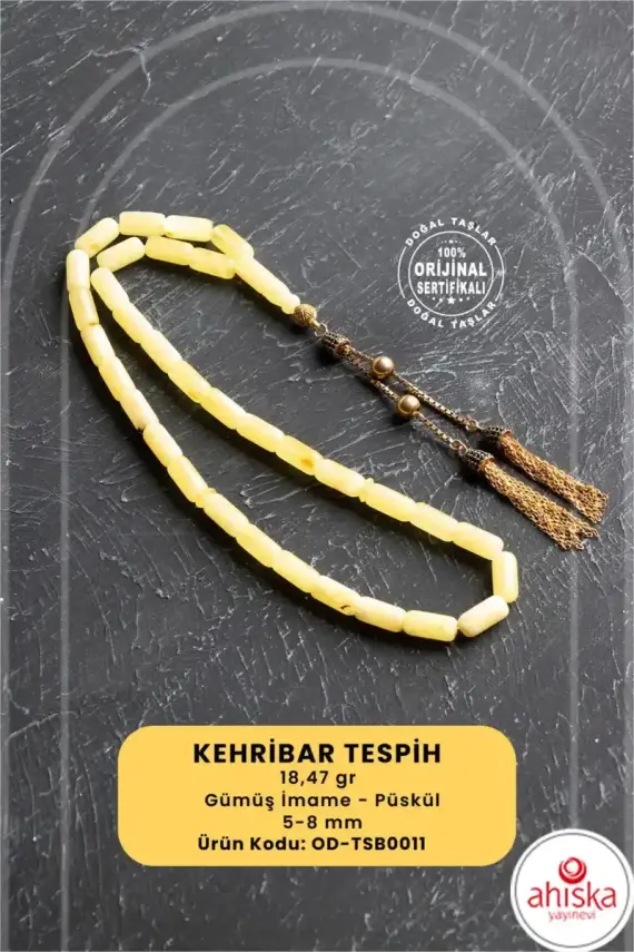 Sertifikalı 5-10 mm Silindir Kesim Gold Eskitme Kaplamalı Gümüş İmame ve Püsküllü Kehribar Tesbih - 18,47 gr - 1