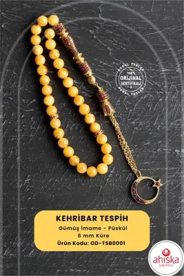 Sertifikalı 6 mm Küre Kesim Gold Kaplama Gümüş Ay Yıldızlı Kehribar Tesbih - 1