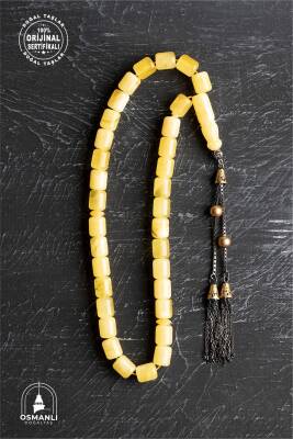 Sertifikalı 7-8 mm Silindir Kesim Gold Eskitme Kaplamalı Gümüş İmame ve Püsküllü Kehribar Tesbih - Osmanlı Doğaltaş