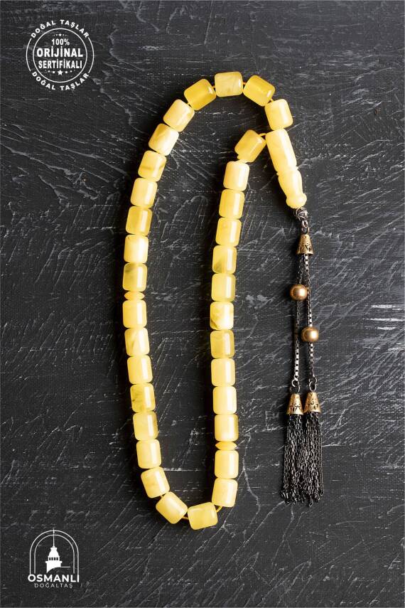 Sertifikalı 7-8 mm Silindir Kesim Gold Eskitme Kaplamalı Gümüş İmame ve Püsküllü Kehribar Tesbih - 1