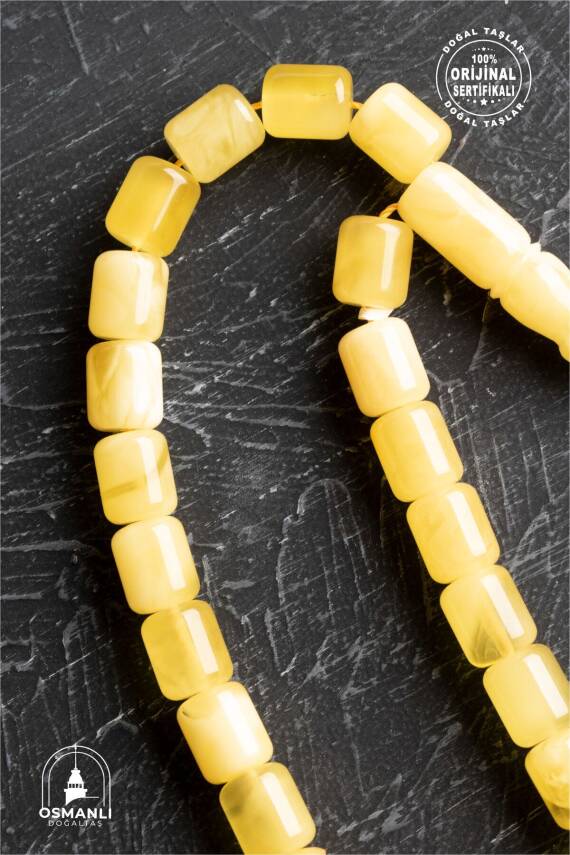 Sertifikalı 7-8 mm Silindir Kesim Gold Eskitme Kaplamalı Gümüş İmame ve Püsküllü Kehribar Tesbih - 2