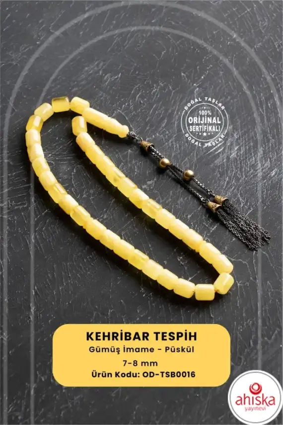 Sertifikalı 7-8 mm Silindir Kesim Gold Eskitme Kaplamalı Gümüş İmame ve Püsküllü Kehribar Tesbih - 1