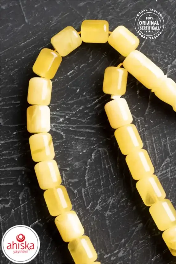 Sertifikalı 7-8 mm Silindir Kesim Gold Eskitme Kaplamalı Gümüş İmame ve Püsküllü Kehribar Tesbih - 2