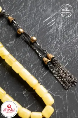 Sertifikalı 7-8 mm Silindir Kesim Gold Eskitme Kaplamalı Gümüş İmame ve Püsküllü Kehribar Tesbih - 3