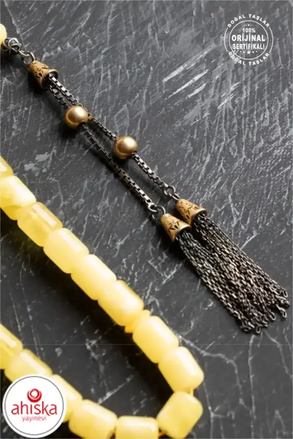 Sertifikalı 7-8 mm Silindir Kesim Gold Eskitme Kaplamalı Gümüş İmame ve Püsküllü Kehribar Tesbih - 3
