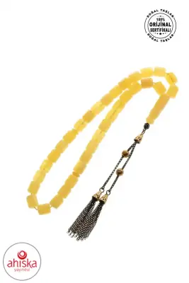 Sertifikalı 7-8 mm Silindir Kesim Gold Eskitme Kaplamalı Gümüş İmame ve Püsküllü Kehribar Tesbih - 5