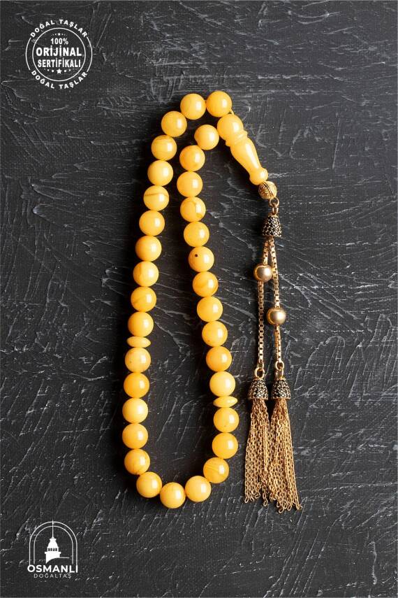 Sertifikalı 7 mm Küre Kesim Gold Eskitme Kaplamalı Gümüş İmame ve Püsküllü Kehribar Tesbih - 13,02 gr - 1