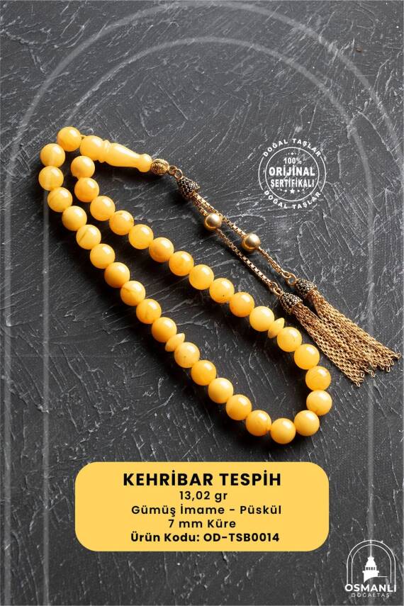 Sertifikalı 7 mm Küre Kesim Gold Eskitme Kaplamalı Gümüş İmame ve Püsküllü Kehribar Tesbih - 13,02 gr - 2