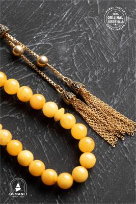 Sertifikalı 7 mm Küre Kesim Gold Eskitme Kaplamalı Gümüş İmame ve Püsküllü Kehribar Tesbih - 13,02 gr - 3