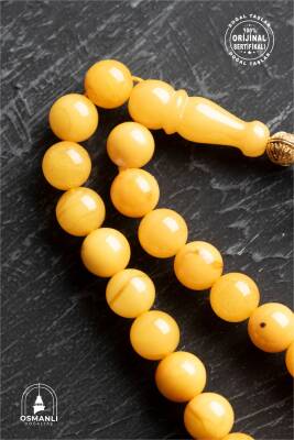 Sertifikalı 7 mm Küre Kesim Gold Eskitme Kaplamalı Gümüş İmame ve Püsküllü Kehribar Tesbih - 13,02 gr - 4