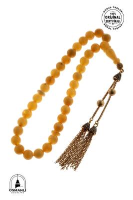 Sertifikalı 7 mm Küre Kesim Gold Eskitme Kaplamalı Gümüş İmame ve Püsküllü Kehribar Tesbih - 13,02 gr - 5