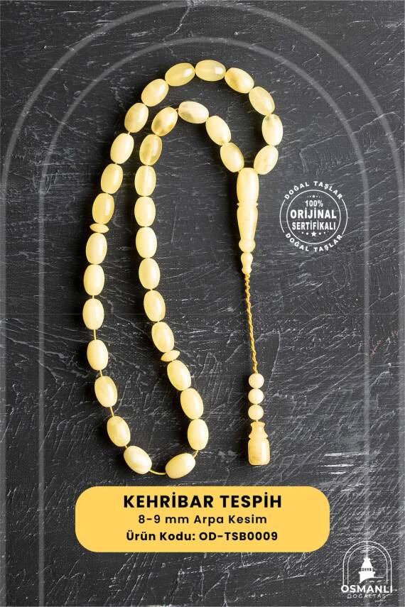 Sertifikalı 8-9 mm Arpa Kesim Kehribar Tesbih - Geleneksel ve Zarif Tasarım - 2