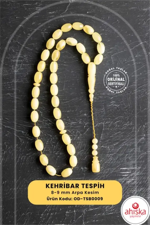Sertifikalı 8-9 mm Arpa Kesim Kehribar Tesbih - Geleneksel ve Zarif Tasarım - 1