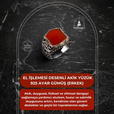 Sertifikalı 925 Ayar El İşlemesi Desenli Akik Yüzük (Erkek) - 2