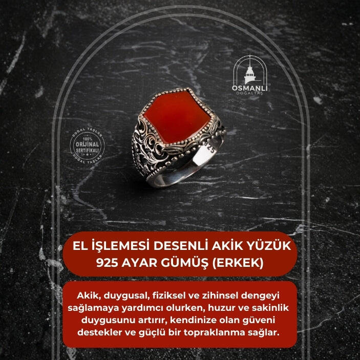 Sertifikalı 925 Ayar El İşlemesi Desenli Akik Yüzük (Erkek) - 2