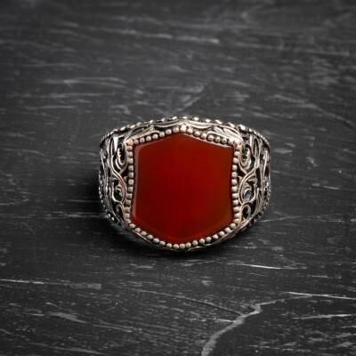 Sertifikalı 925 Ayar El İşlemesi Desenli Akik Yüzük (Erkek) - 3